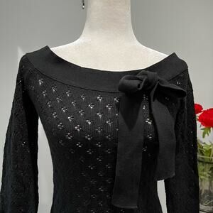 NEW Arden B. Wool Open Weave Knit Patterned Bow Tie Boatneck Fitted Sweater NWT